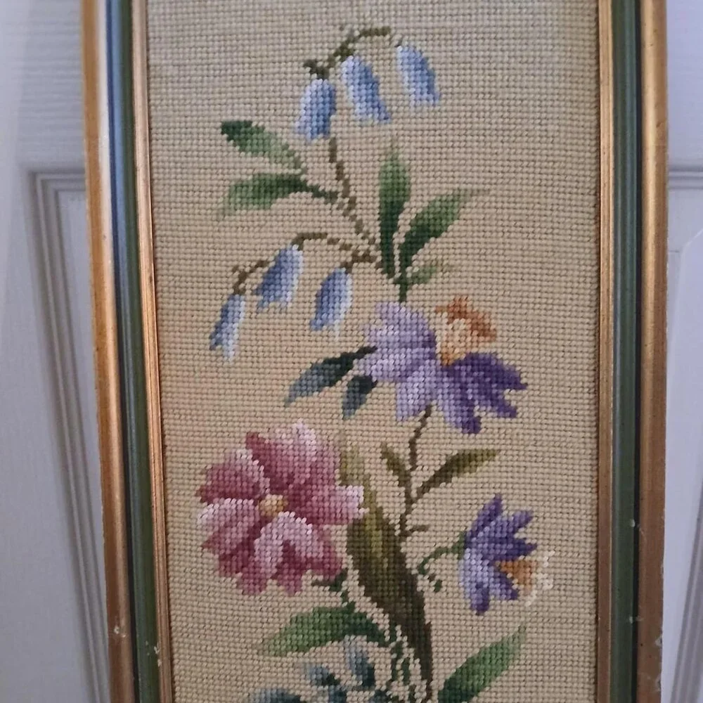 VTG MCM Floral Framed Needlepoint Embroidered Tapestry Weaving 18x 9 Cottagecore